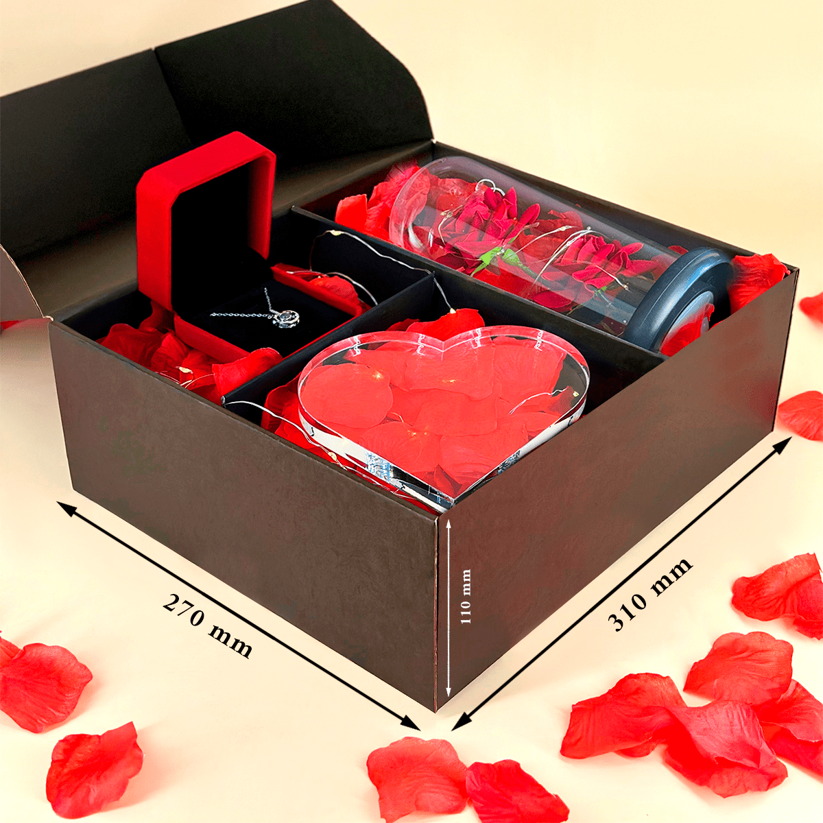 Druk na szkle HAPPY VALENTINE'S DAY + wieczna róża + wisiorek - zestaw prezentowy 3 w 1, spersonalizowany prezent dla niej - idamell.com