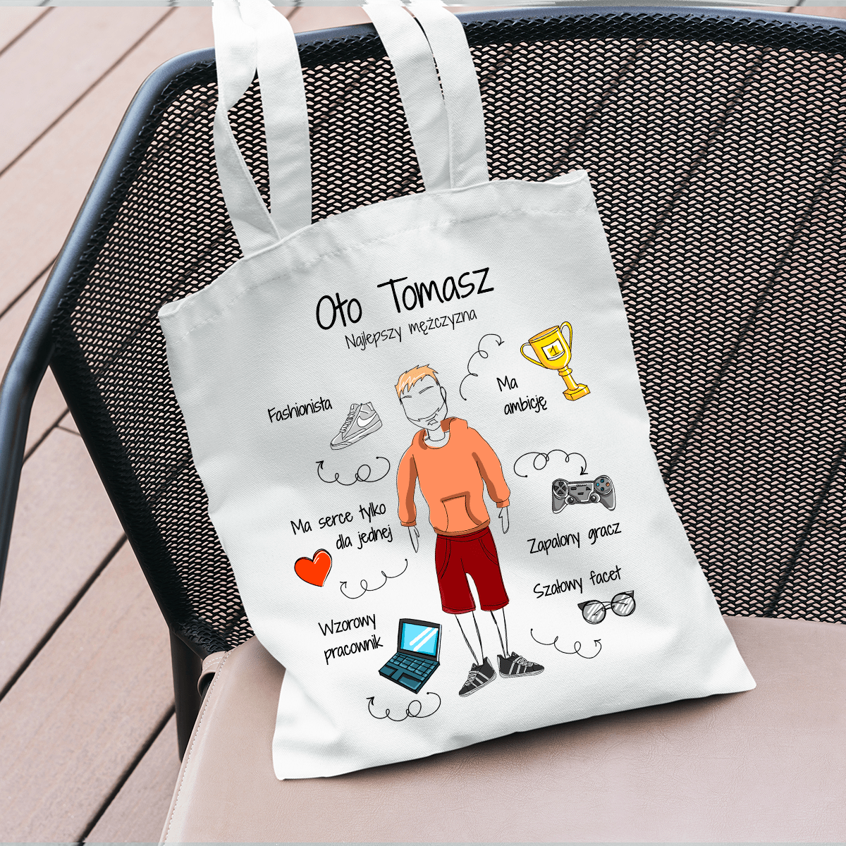 Materiałowa torba shopper z własnym nadrukiem NAJLEPSZY MĘŻCZYZNA - spersonalizowany prezent dla niego - idamell.com