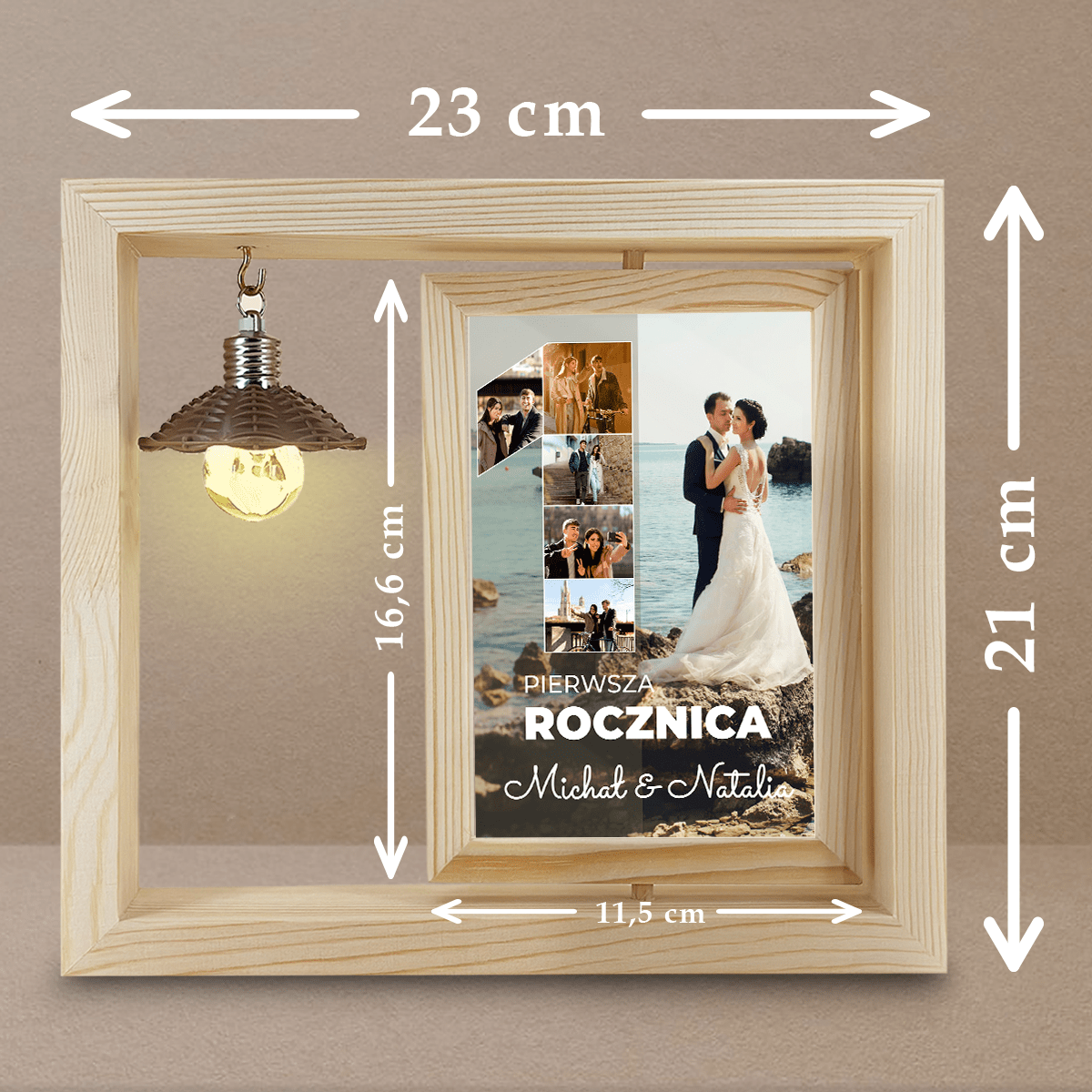 1 rocznica - Druk na szkle w drewnianej ramce + led, spersonalizowany prezent dla pary - idamell.com
