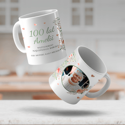 100 lat ze zdjęciem - 1x Kubek z nadrukiem, spersonalizowany prezent dla babci - idamell.com
