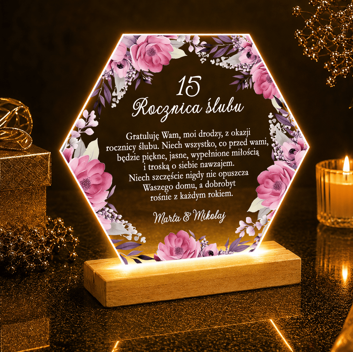 15. rocznica ślubu życzenia - Druk na szkle, spersonalizowany prezent dla pary - idamell.com