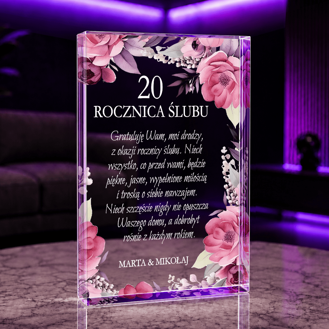 20. rocznica ślubu życzenia - Druk na szkle, spersonalizowany prezent dla pary - idamell.com