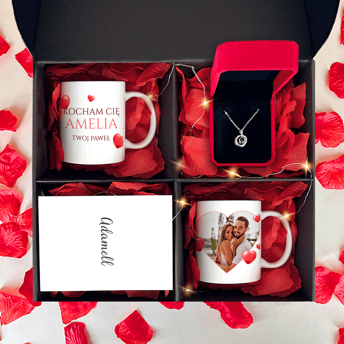 2x kubek z nadrukiem KOCHAM CIĘ + wisiorek box 3 w 1 - zestaw prezentowy, spersonalizowany prezent dla pary - idamell.com