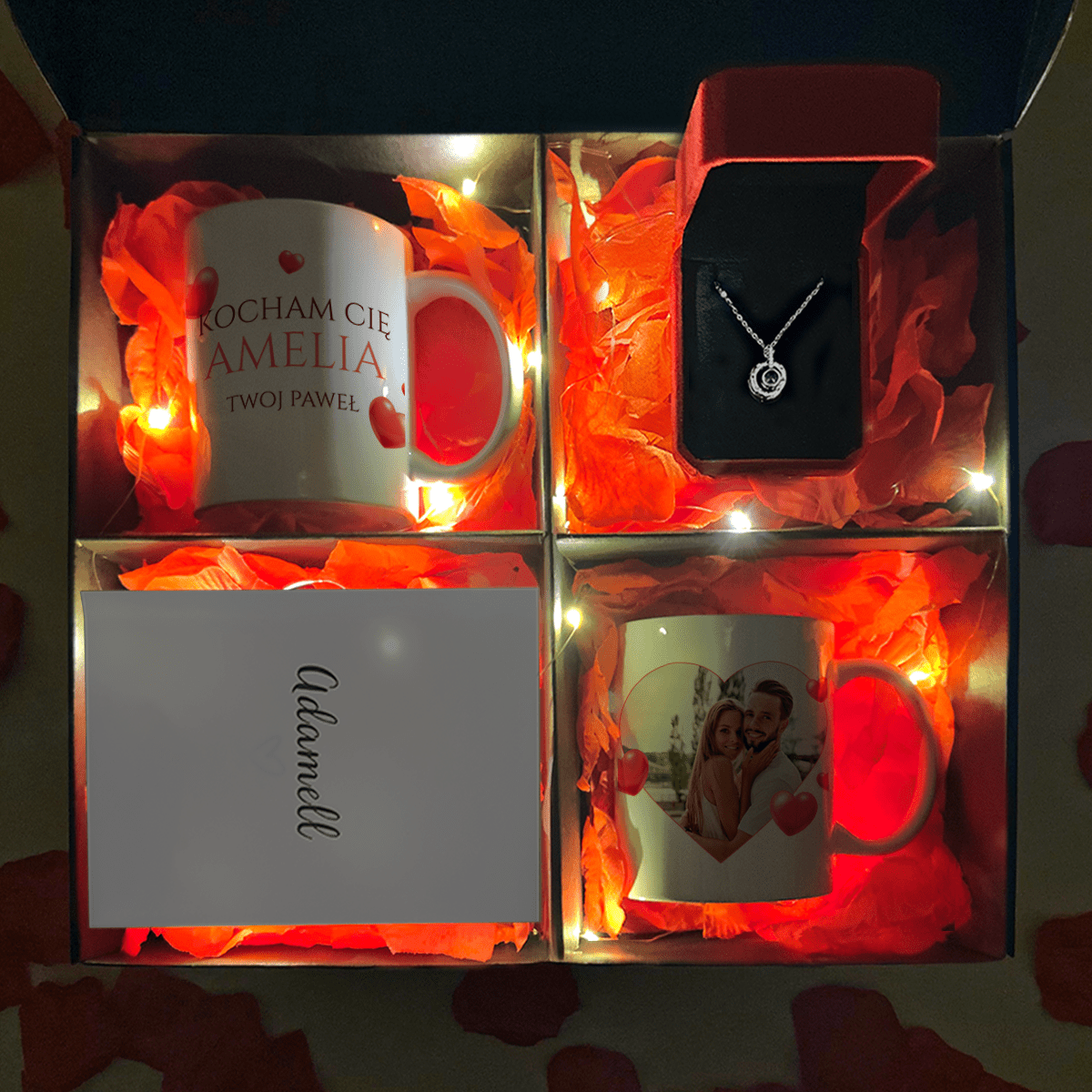 2x kubek z nadrukiem KOCHAM CIĘ + wisiorek box 3 w 1 - zestaw prezentowy, spersonalizowany prezent dla pary - idamell.com