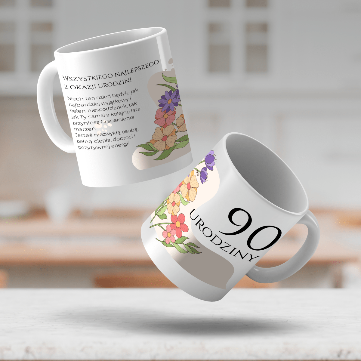 90. urodziny kwiaty - 1x Kubek z nadrukiem, spersonalizowany prezent dla babci - idamell.com