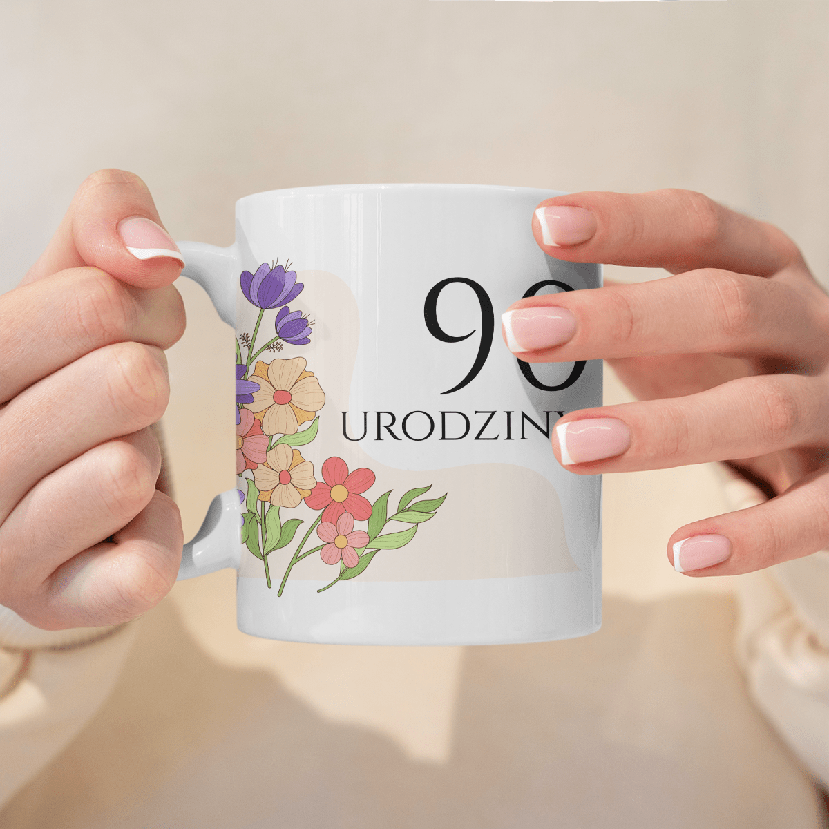 90. urodziny kwiaty - 1x Kubek z nadrukiem, spersonalizowany prezent dla babci - idamell.com