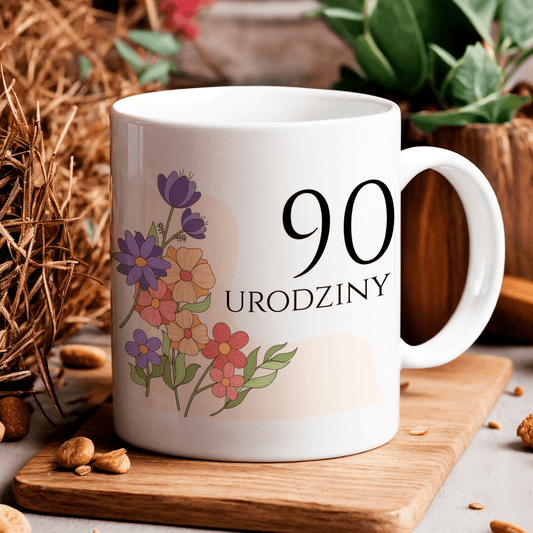 90. urodziny kwiaty - 1x Kubek z nadrukiem, spersonalizowany prezent dla babci - idamell.com