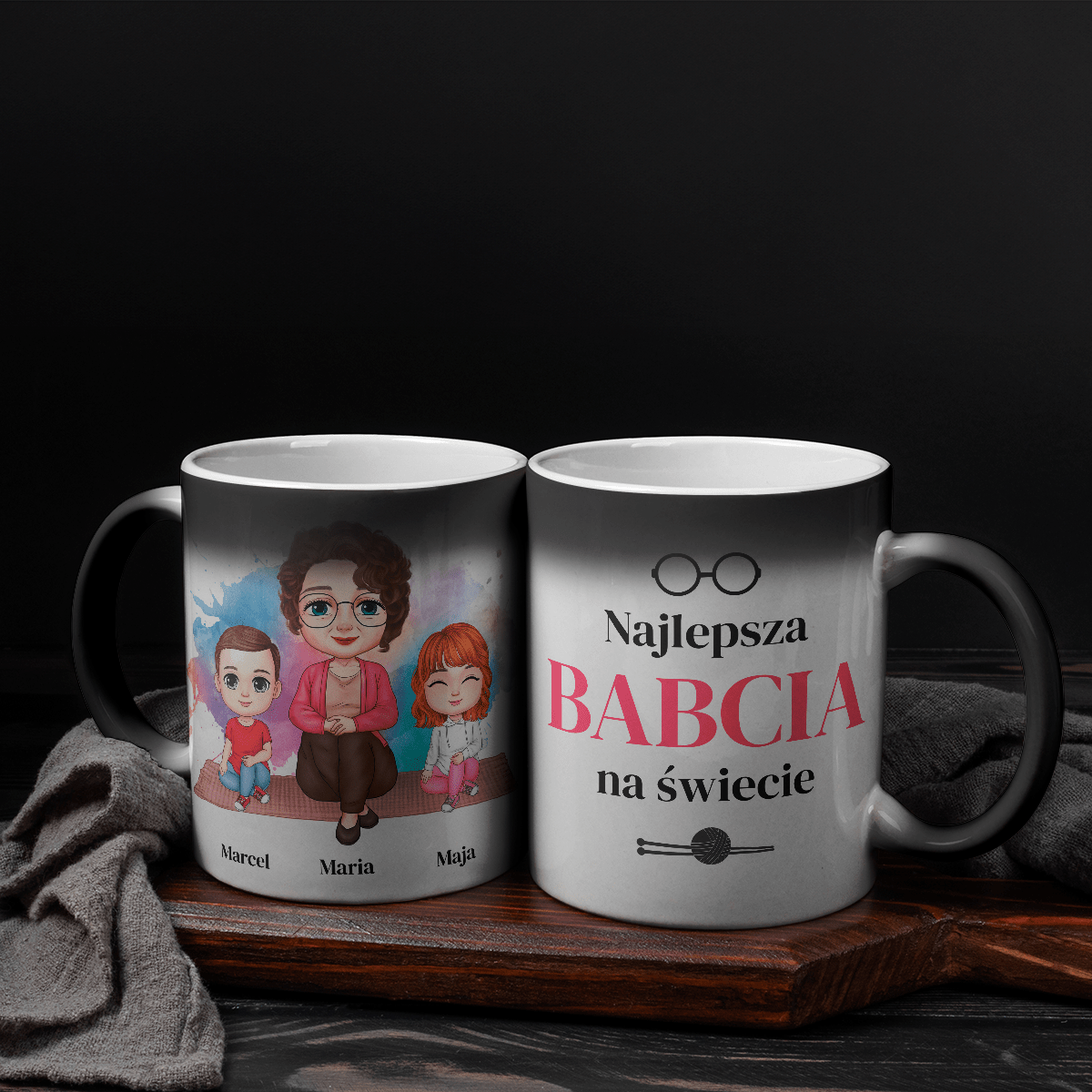 Babcia razem z wnukami Clipart - 1x Kubek magiczny z nadrukiem, spersonalizowany prezent dla babci - idamell.com