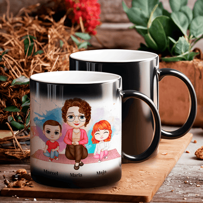 Babcia razem z wnukami Clipart - 1x Kubek magiczny z nadrukiem, spersonalizowany prezent dla babci - idamell.com