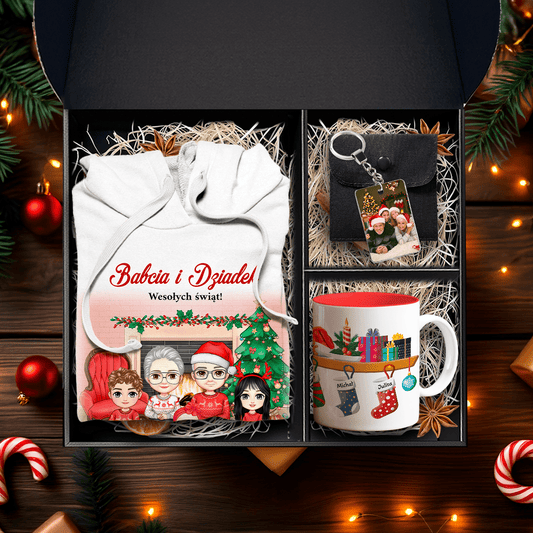 Bluza + breloczek + kubek DZIADKOWIE W ŚWIĘTA - zestaw prezentowy 3 w 1, spersonalizowany prezent dla dziadków - idamell.com