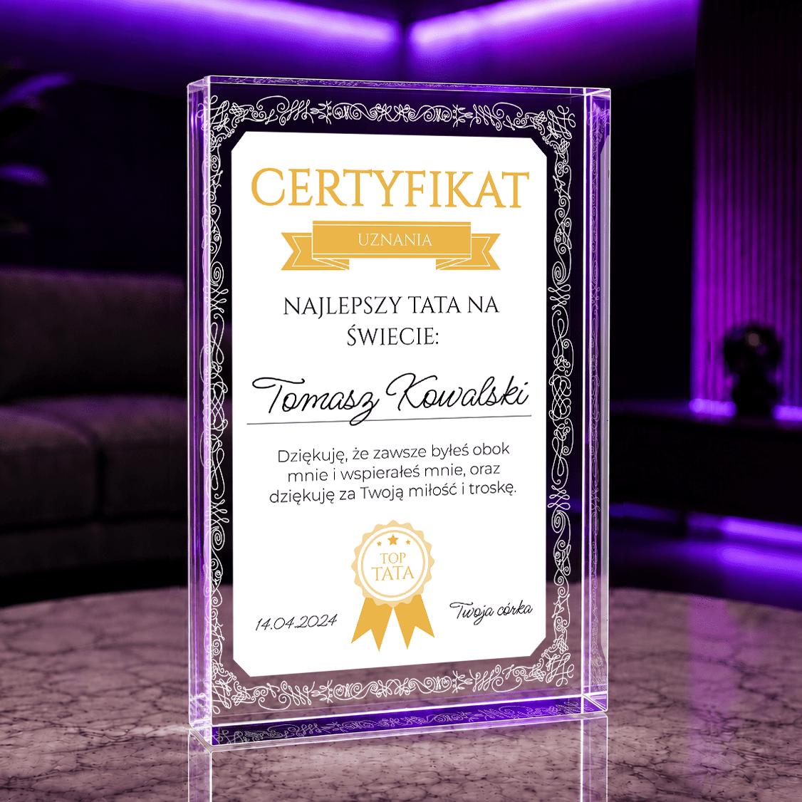 Certyfikat najlepszego taty - Druk na szkle, spersonalizowany prezent dla taty - idamell.com