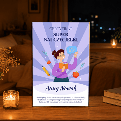 Certyfikat super nauczyciela - Druk na szkle, spersonalizowany prezent dla nauczyciela - idamell.com