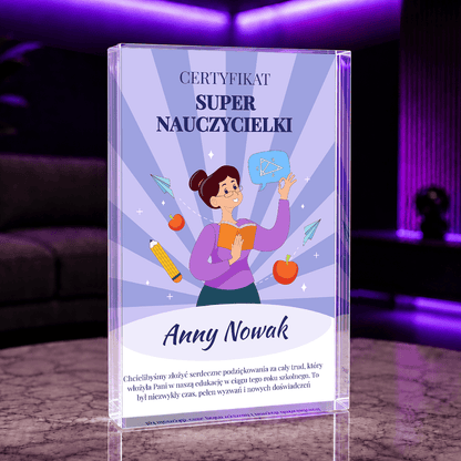 Certyfikat super nauczyciela - Druk na szkle, spersonalizowany prezent dla nauczyciela - idamell.com