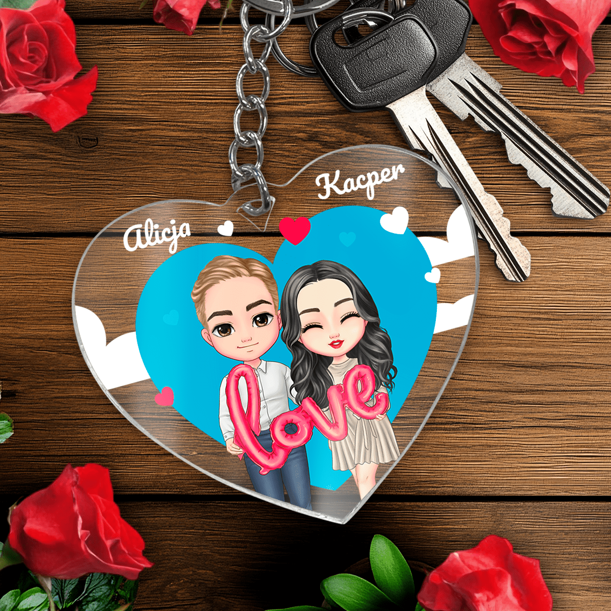 Clipart Love + imiona - brelok do kluczy serce, spersonalizowany prezent dla niego - idamell.com