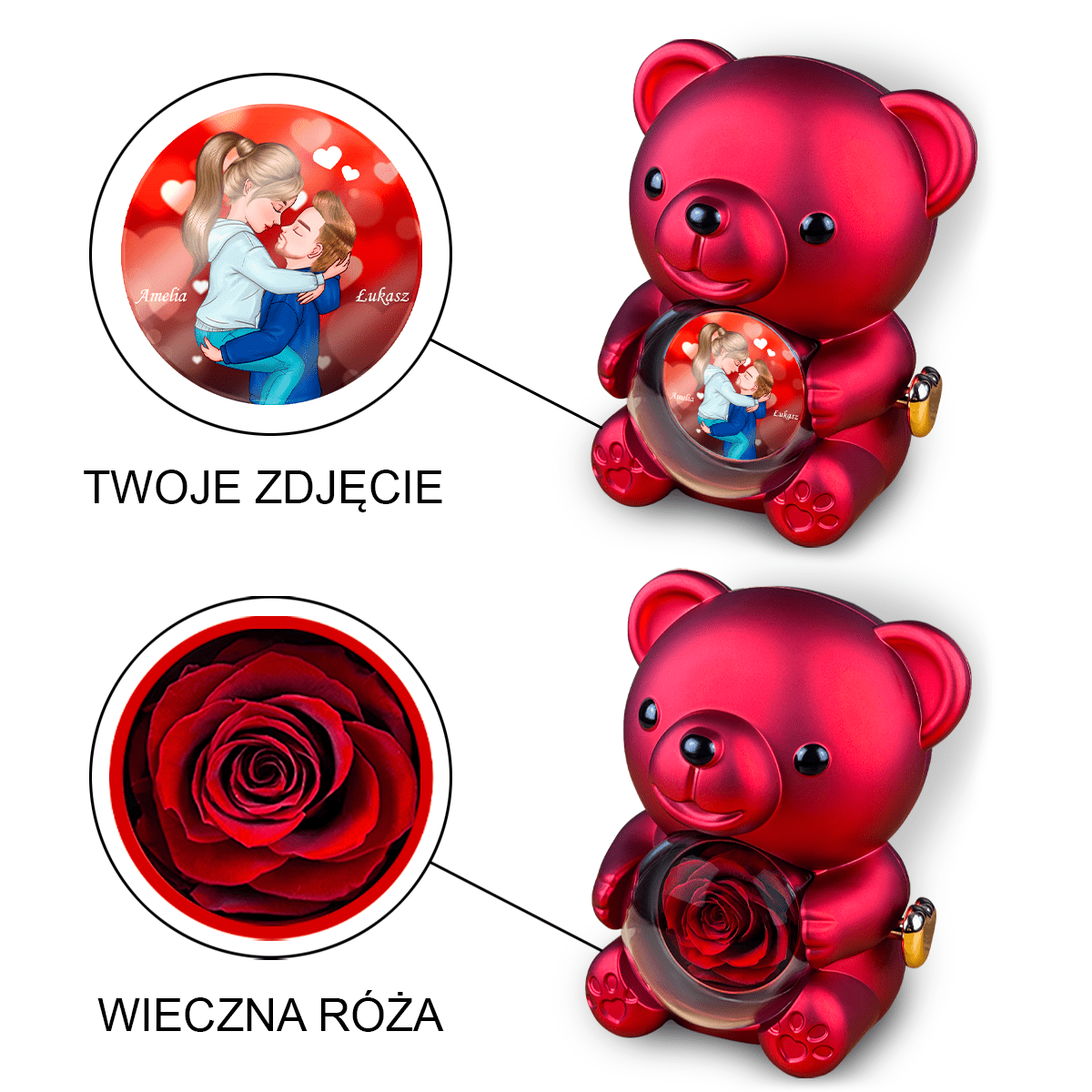 Clipart zakochanych - Miś z różą wieczną i wydrukiem, spersonalizowany prezent dla niego - idamell.com