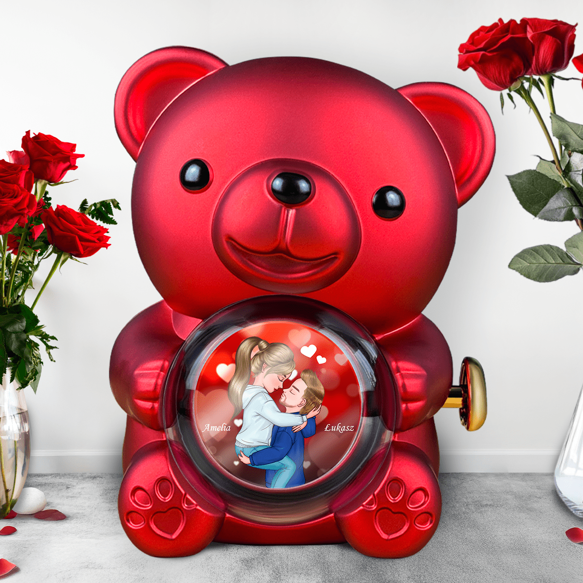 Clipart zakochanych - Miś z różą wieczną i wydrukiem, spersonalizowany prezent dla niego - idamell.com