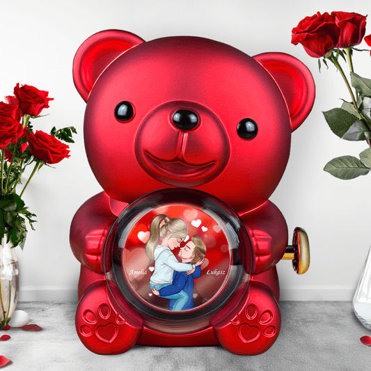 Clipart zakochanych - Miś z różą wieczną i wydrukiem, spersonalizowany prezent dla niego - idamell.com