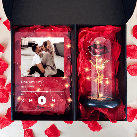 Czerwona wieczna róża + druk na szkle Spotify box 2 w 1 - zestaw prezentowy box, spersonalizowany prezent dla niej - idamell.com
