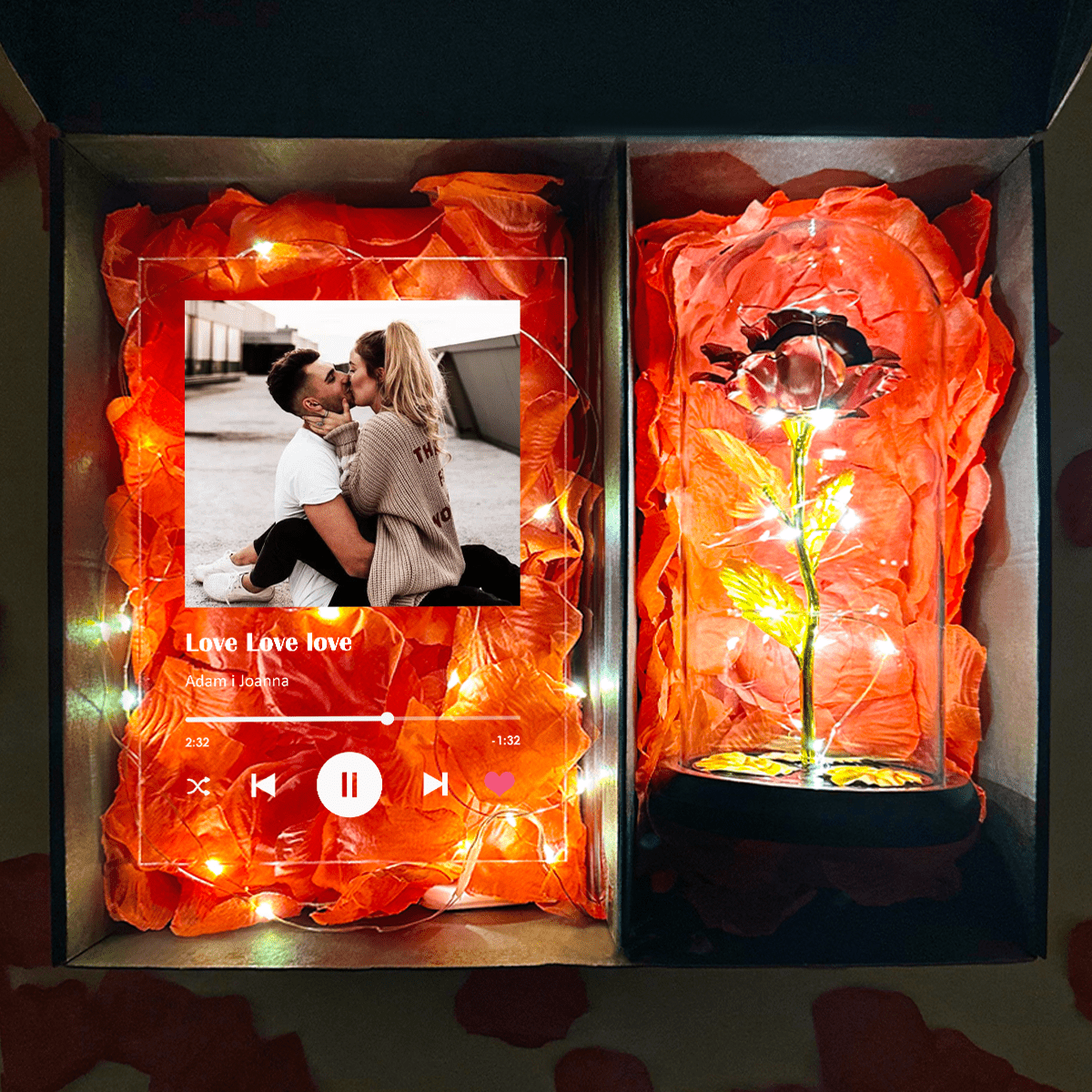 Czerwona wieczna róża + druk na szkle Spotify box 2 w 1 - zestaw prezentowy box, spersonalizowany prezent dla niej - idamell.com