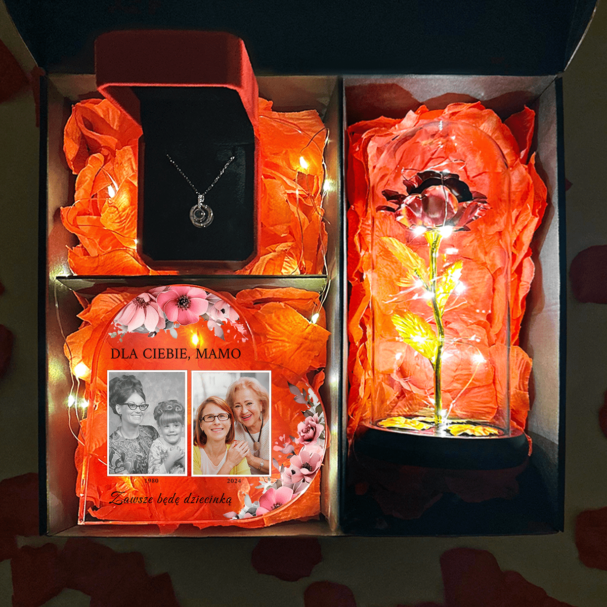 Czerwona wieczna róża + serce DLA MAMY + wisiorek box 3 w 1 - zestaw prezentowy, spersonalizowany prezent dla mamy - idamell.com