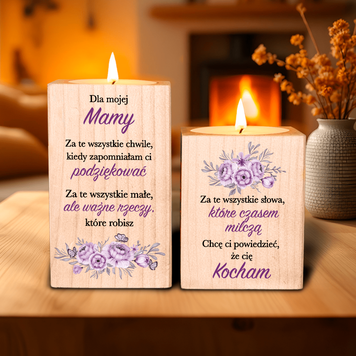 Dla mojej mamy - 2 x Drewniany świecznik, spersonalizowany prezent dla mamy - idamell.com