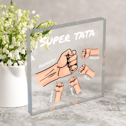 Dłonie + napis SUPER TATA - Druk na kwadratowym szkle, spersonalizowany prezent dla taty - idamell.com