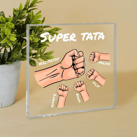 Dłonie + napis SUPER TATA - Druk na kwadratowym szkle, spersonalizowany prezent dla taty - idamell.com