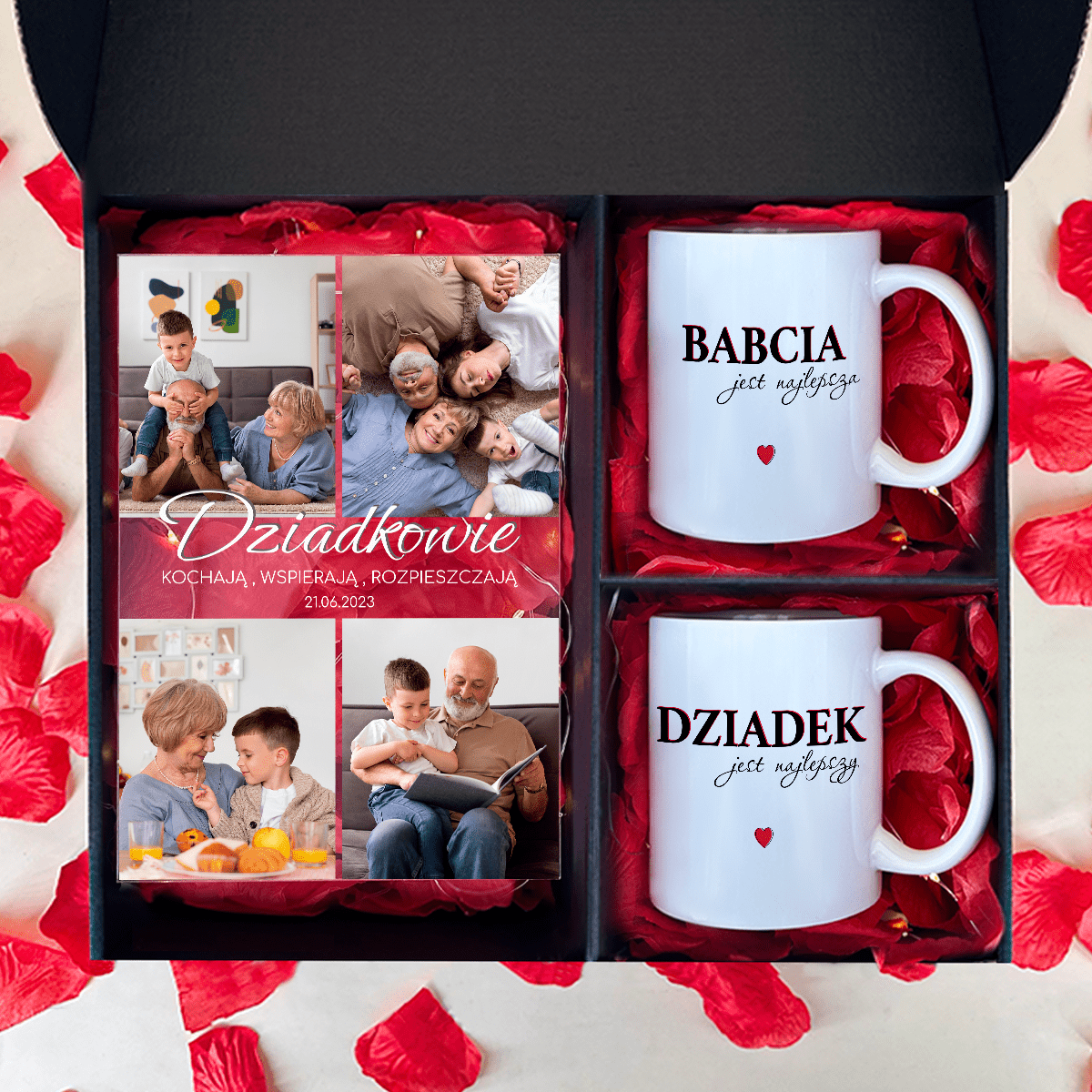 Druk na szkle + 2 kubki BABCIA I DZIADEK - zestaw prezentowy 2 w 1, spersonalizowany prezent dla dziadków - idamell.com
