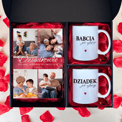 Druk na szkle + 2 kubki BABCIA I DZIADEK - zestaw prezentowy 2 w 1, spersonalizowany prezent dla dziadków - idamell.com