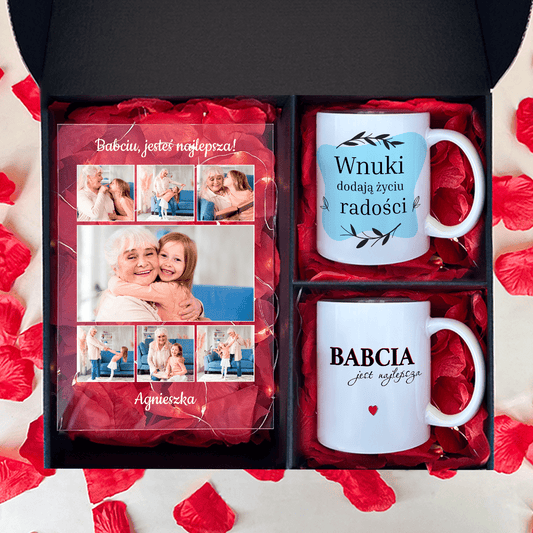 Druk na szkle + 2 kubki BABCIA JEST NAJLEPSZA - zestaw prezentowy 2 w 1, spersonalizowany prezent dla babci - idamell.com