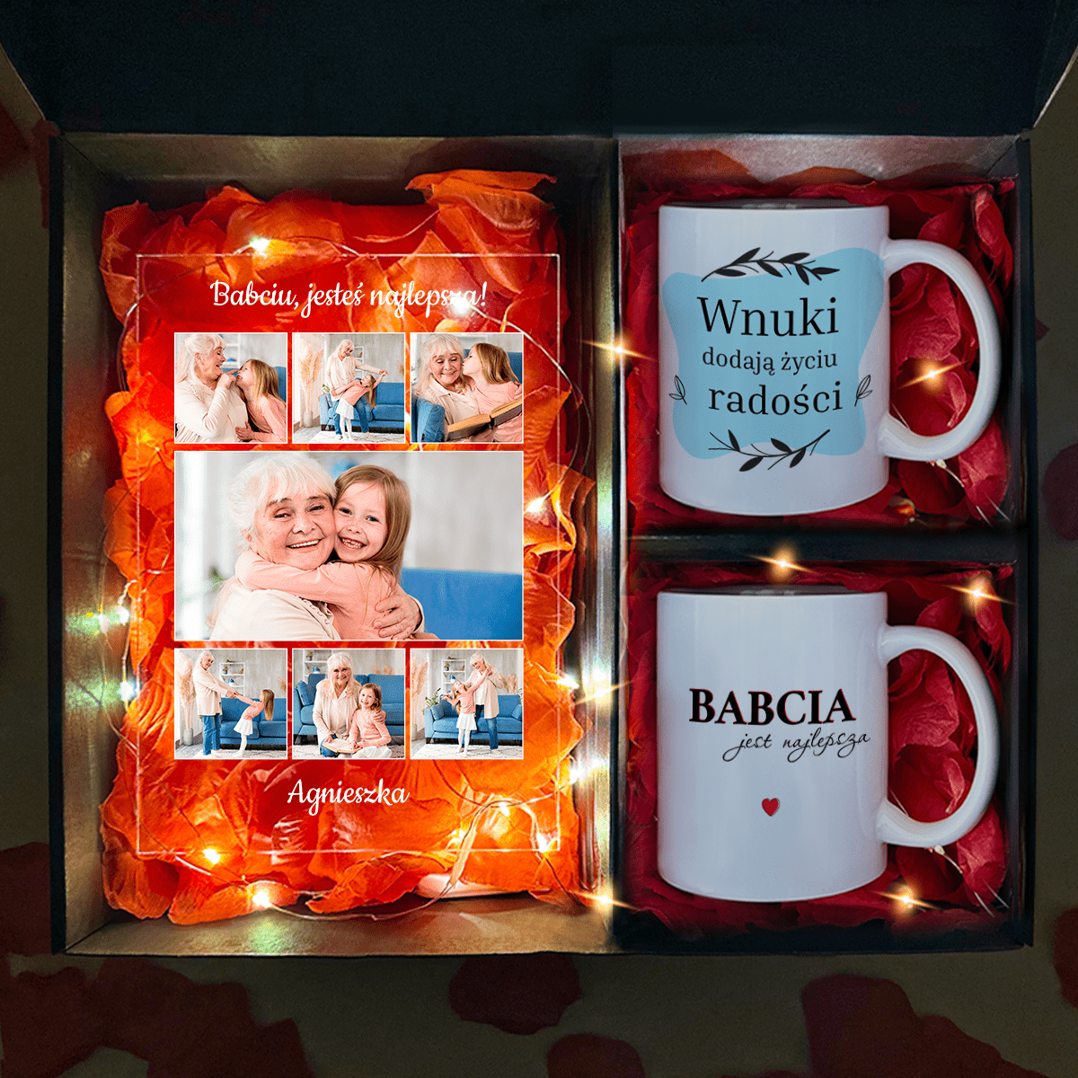 Druk na szkle + 2 kubki BABCIA JEST NAJLEPSZA - zestaw prezentowy 2 w 1, spersonalizowany prezent dla babci - idamell.com
