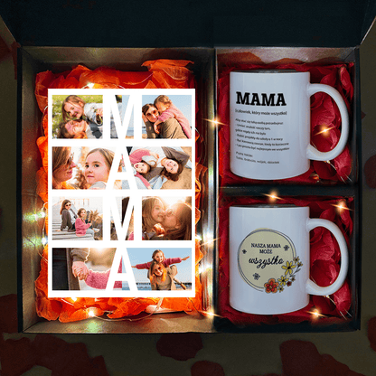 Druk na szkle + 2 kubki NASZA MAMA - zestaw prezentowy 2 w 1, spersonalizowany prezent dla mamy - idamell.com