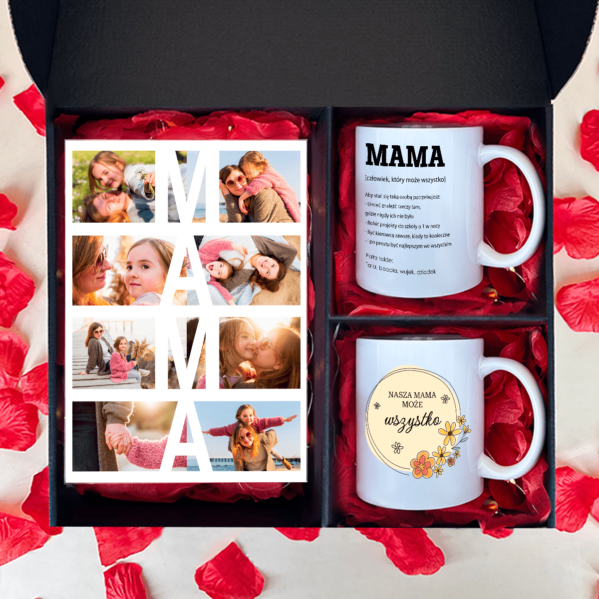 Druk na szkle + 2 kubki NASZA MAMA - zestaw prezentowy 2 w 1, spersonalizowany prezent dla mamy - idamell.com