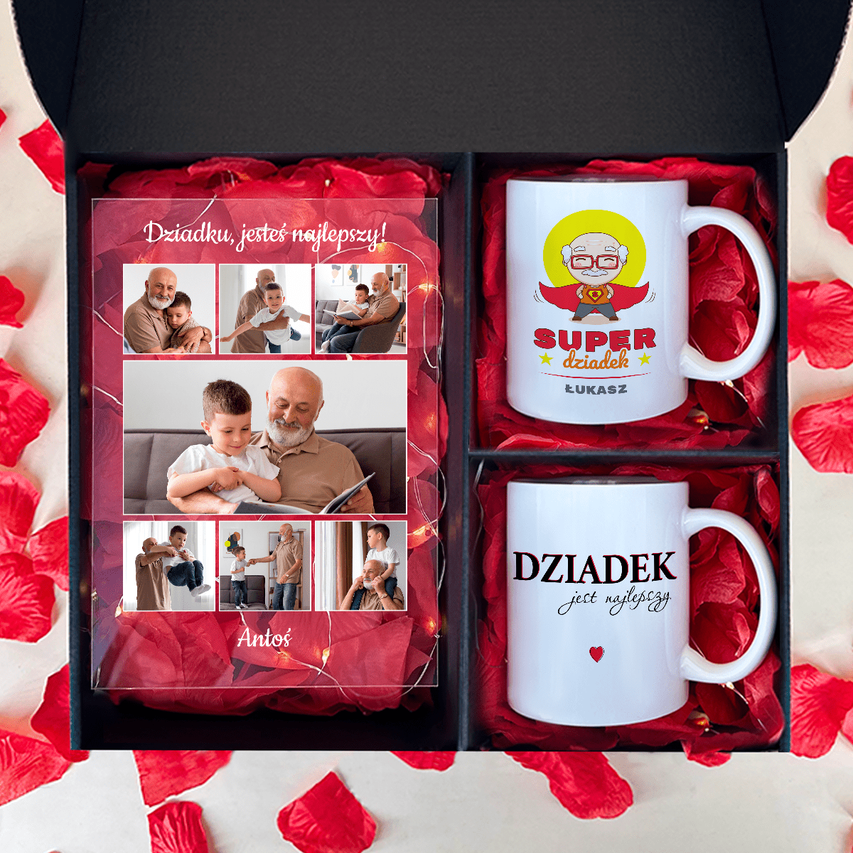 Druk na szkle + 2 kubki SUPER DZIADEK - zestaw prezentowy 2 w 1, spersonalizowany prezent dla dziadka - idamell.com