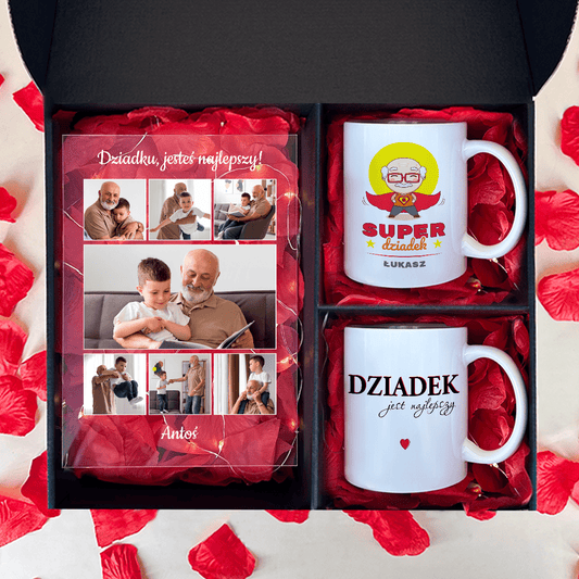 Druk na szkle + 2 kubki SUPER DZIADEK - zestaw prezentowy 2 w 1, spersonalizowany prezent dla dziadka - idamell.com