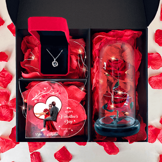 Druk na szkle HAPPY VALENTINE'S DAY + wieczna róża + wisiorek - zestaw prezentowy 3 w 1, spersonalizowany prezent dla niej - idamell.com