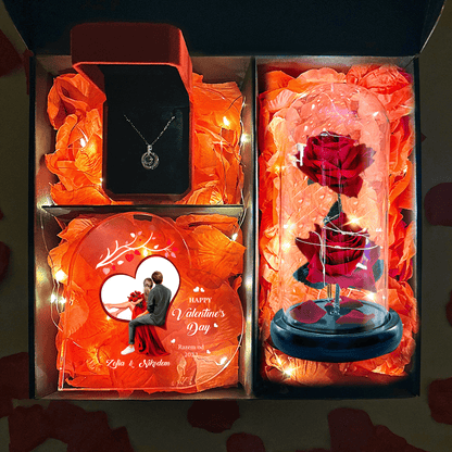 Druk na szkle HAPPY VALENTINE'S DAY + wieczna róża + wisiorek - zestaw prezentowy 3 w 1, spersonalizowany prezent dla niej - idamell.com