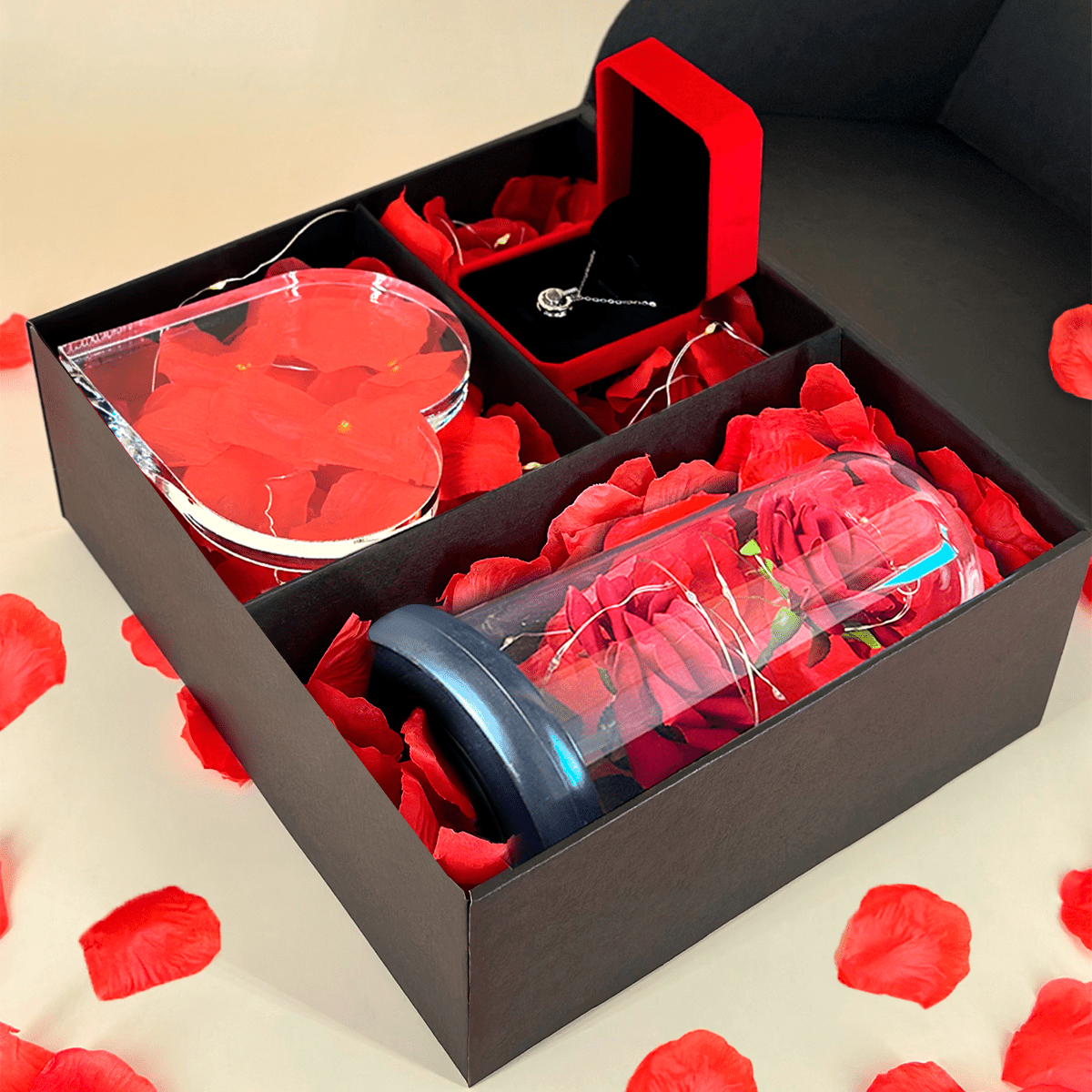 Druk na szkle HAPPY VALENTINE'S DAY + wieczna róża + wisiorek - zestaw prezentowy 3 w 1, spersonalizowany prezent dla niej - idamell.com