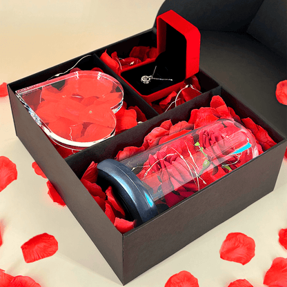 Druk na szkle HAPPY VALENTINE'S DAY + wieczna róża + wisiorek - zestaw prezentowy 3 w 1, spersonalizowany prezent dla niej - idamell.com