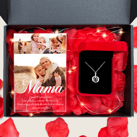 Druk na szkle MOJA MAMA + wisiorek box 2 w 1 - zestaw prezentowy, spersonalizowany prezent dla mamy - idamell.com