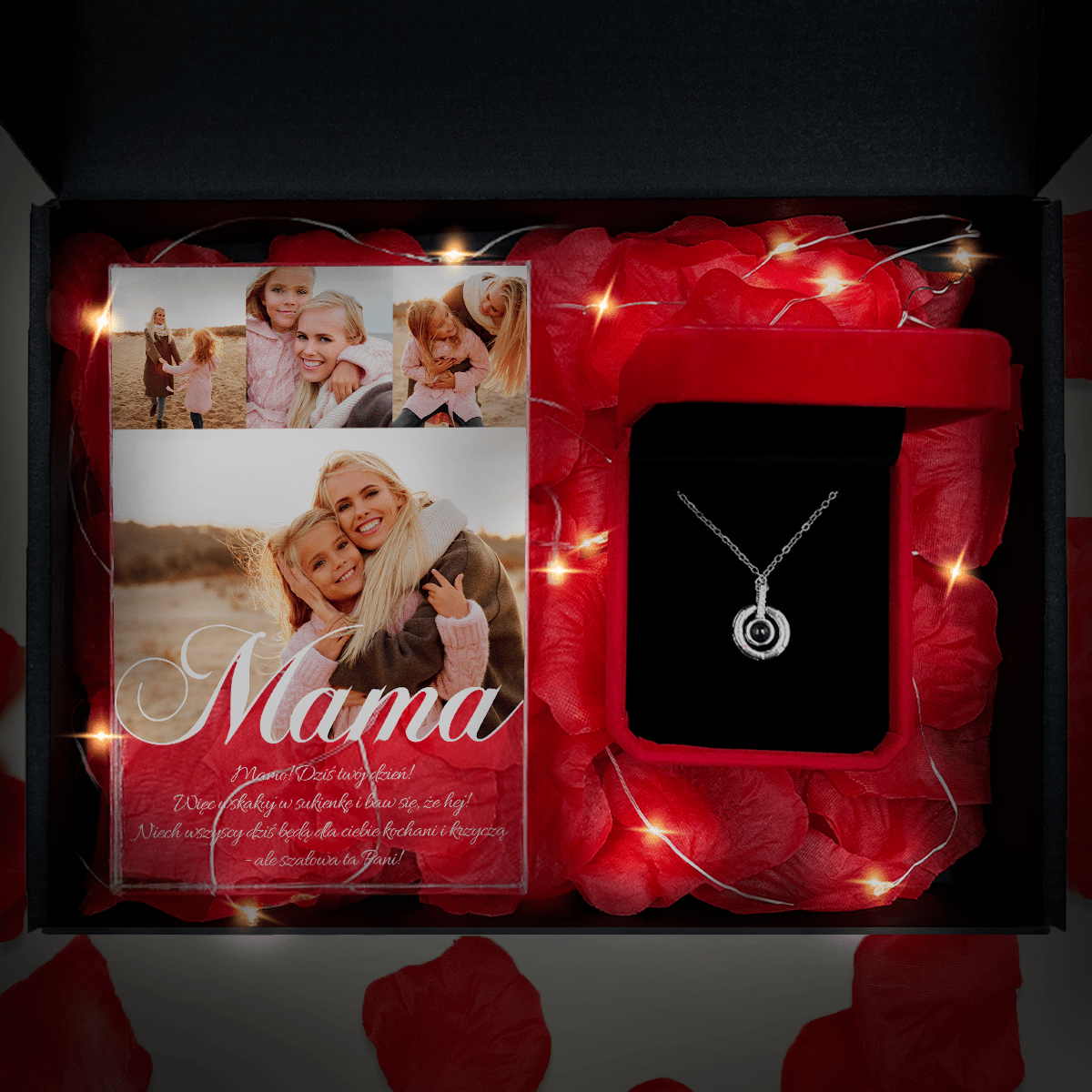 Druk na szkle MOJA MAMA + wisiorek box 2 w 1 - zestaw prezentowy, spersonalizowany prezent dla mamy - idamell.com