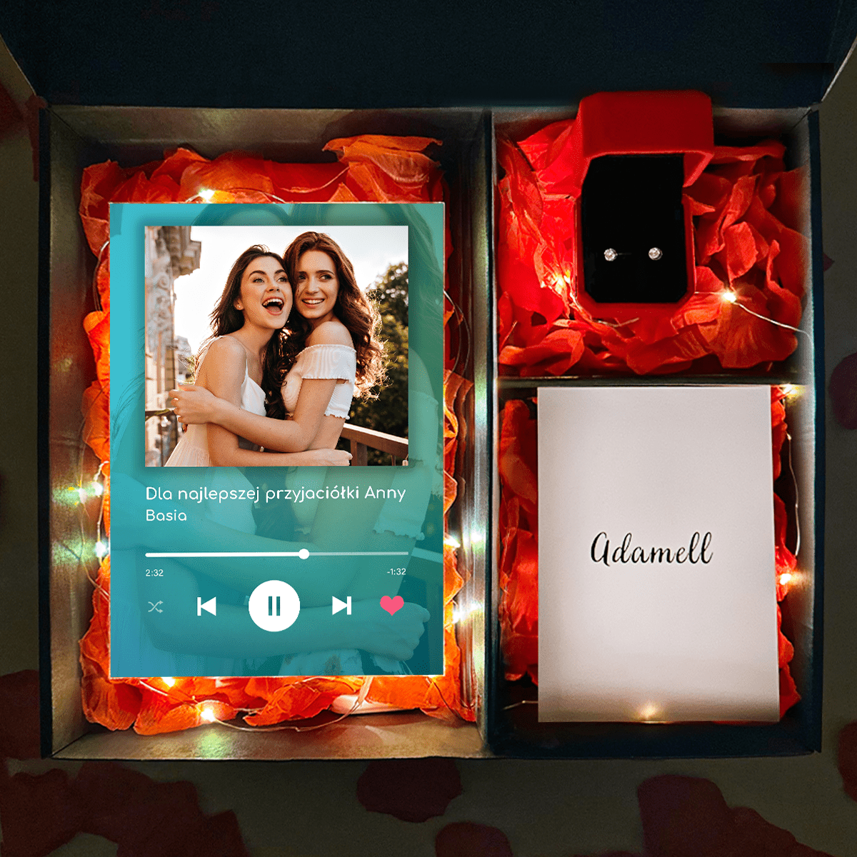 Druk na szkle Spotify Przyjaciółka + kolczyki box 2 w 1 - zestaw prezentowy box, spersonalizowany prezent dla przyjaciółki - idamell.com