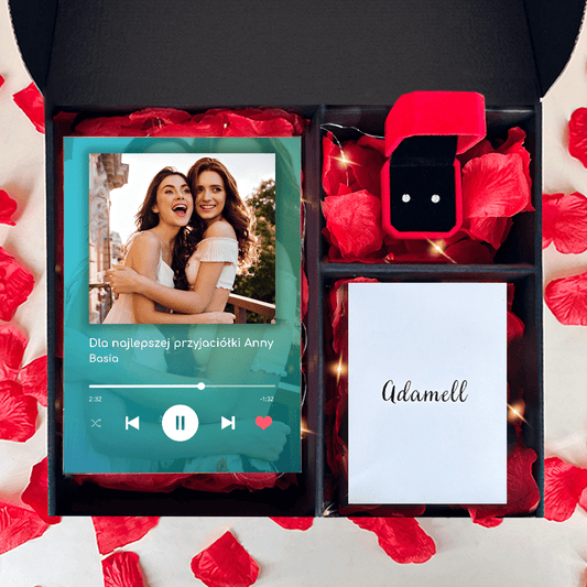 Druk na szkle Spotify Przyjaciółka + kolczyki box 2 w 1 - zestaw prezentowy box, spersonalizowany prezent dla przyjaciółki - idamell.com