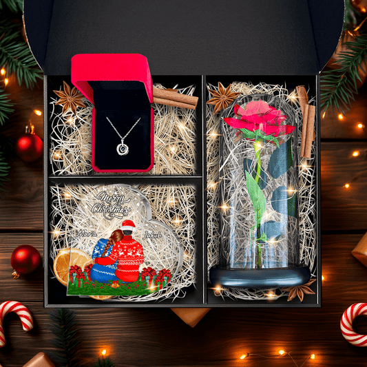 Druk na szkle ŚWIĄTECZNA PARA + wieczna róża + wisiorek - zestaw prezentowy 3 w 1, spersonalizowany prezent dla żony - idamell.com