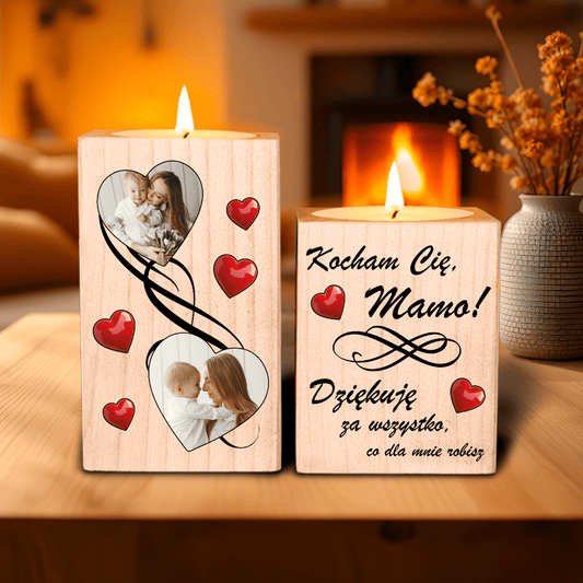 Dwa serca + podziękowania dla mamy - 2 x Drewniany świecznik, spersonalizowany prezent dla mamy - idamell.com