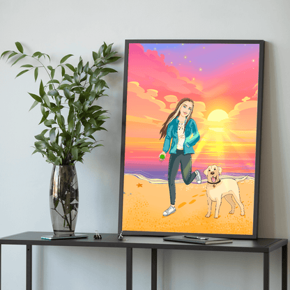 Dziewczyna na plaży ilustracja - plakat, spersonalizowany prezent dla niej - idamell.com