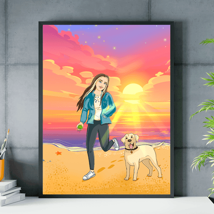 Dziewczyna na plaży ilustracja - plakat, spersonalizowany prezent dla niej - idamell.com