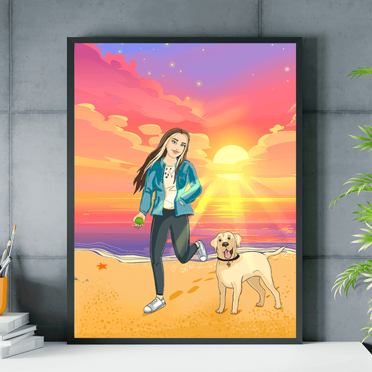 Dziewczyna na plaży ilustracja - plakat, spersonalizowany prezent dla niej - idamell.com