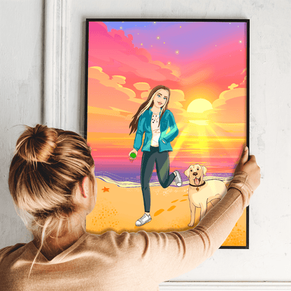 Dziewczyna na plaży ilustracja - plakat, spersonalizowany prezent dla niej - idamell.com