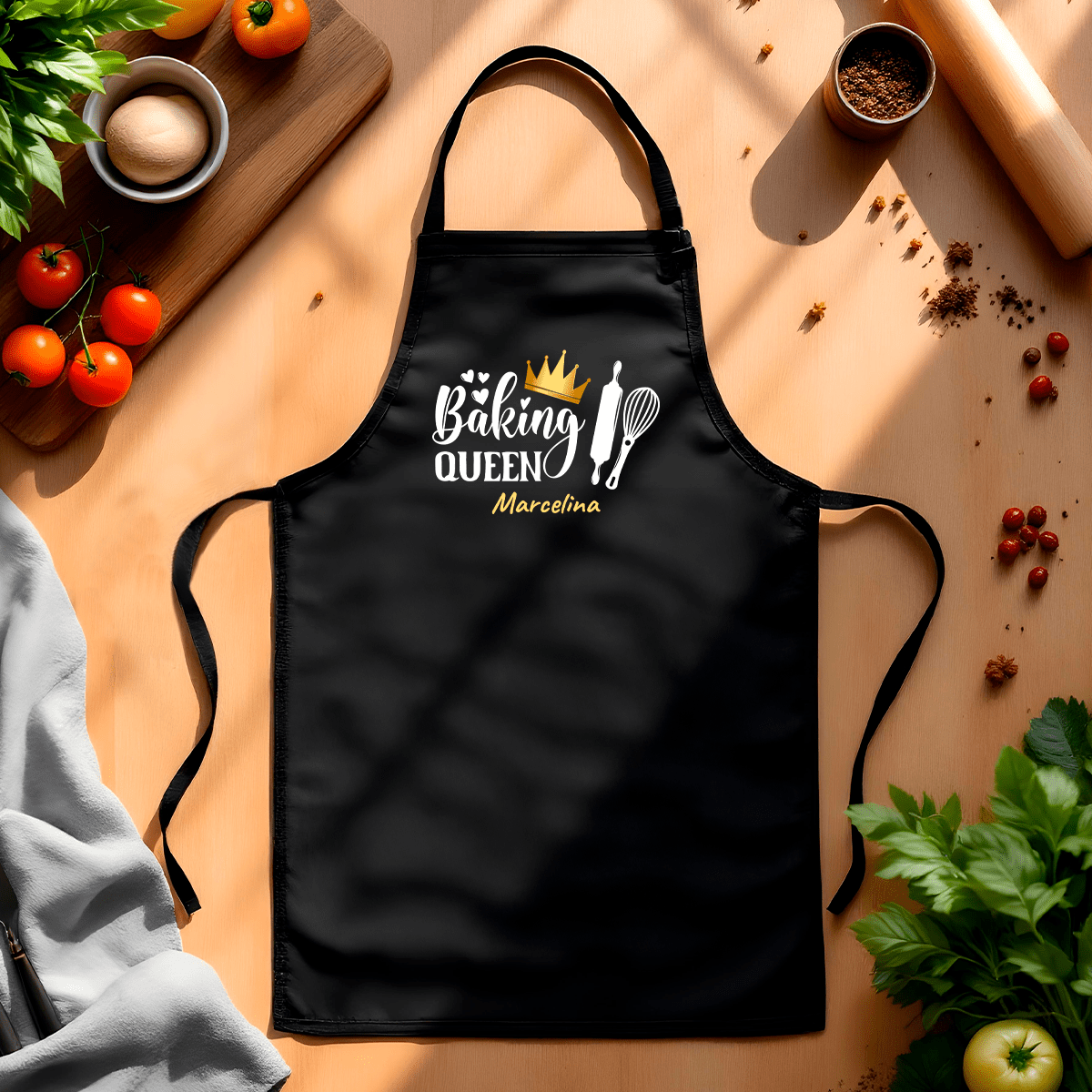 Fartuch kuchenny z nadrukiem BAKING QUEEN - spersonalizowany prezent dla niej - idamell.com
